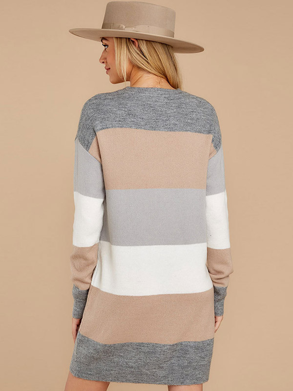 Grey Color Block Striped Knitted Dress