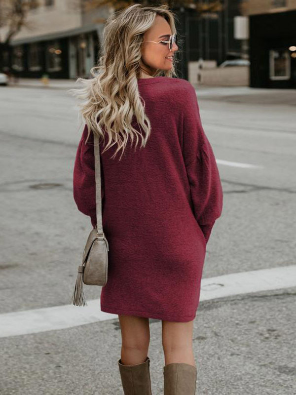 Burgundy Round Neck Shift Knitted Dress