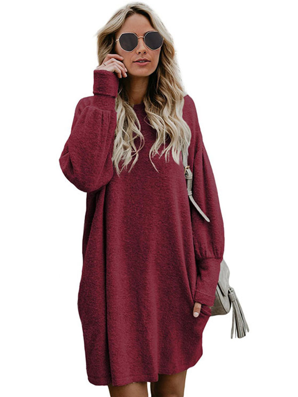 Burgundy Round Neck Shift Knitted Dress