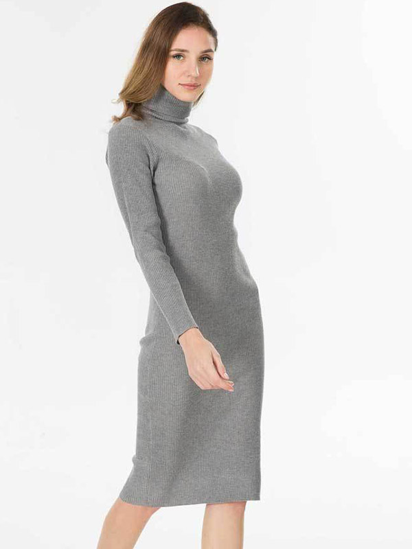 Grey High Neck Bodycon Knitted Dress