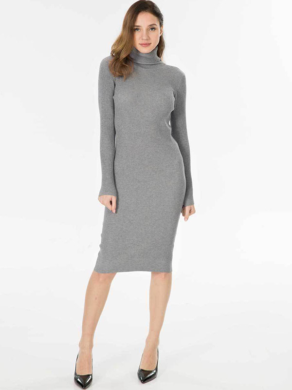 Grey High Neck Bodycon Knitted Dress