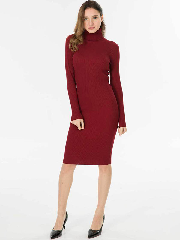 Burgundy High Neck Bodycon Knitted Dress