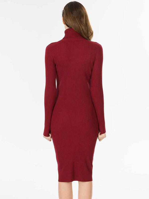 Burgundy High Neck Bodycon Knitted Dress