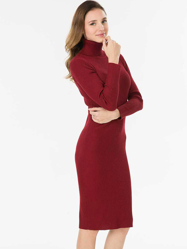 Burgundy High Neck Bodycon Knitted Dress