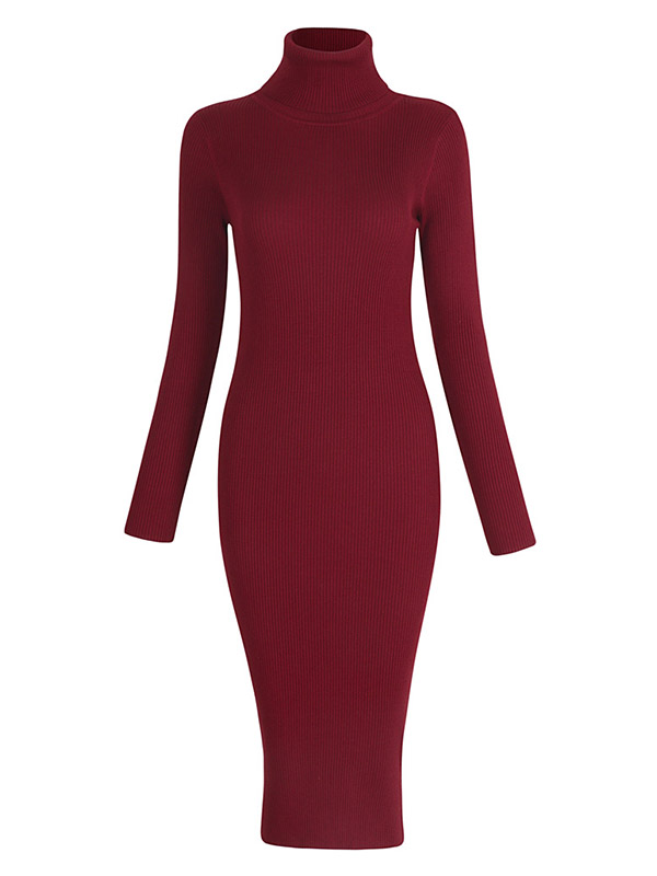 Burgundy High Neck Bodycon Knitted Dress