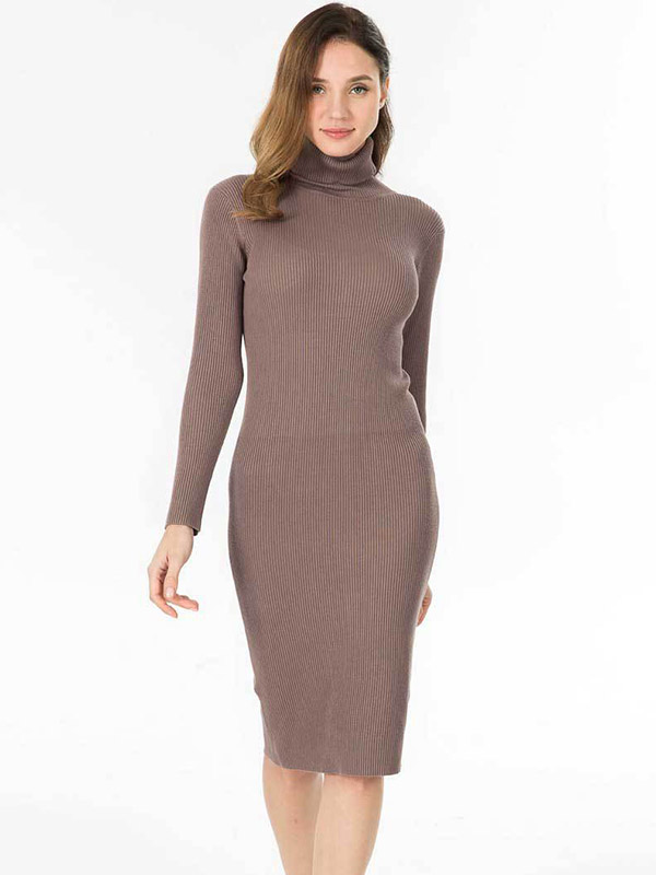 Khaki High Neck Bodycon Knitted Dress