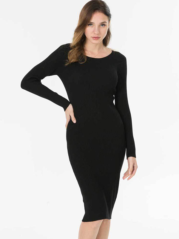 Black Round Neck Bodycon Knitted Dress