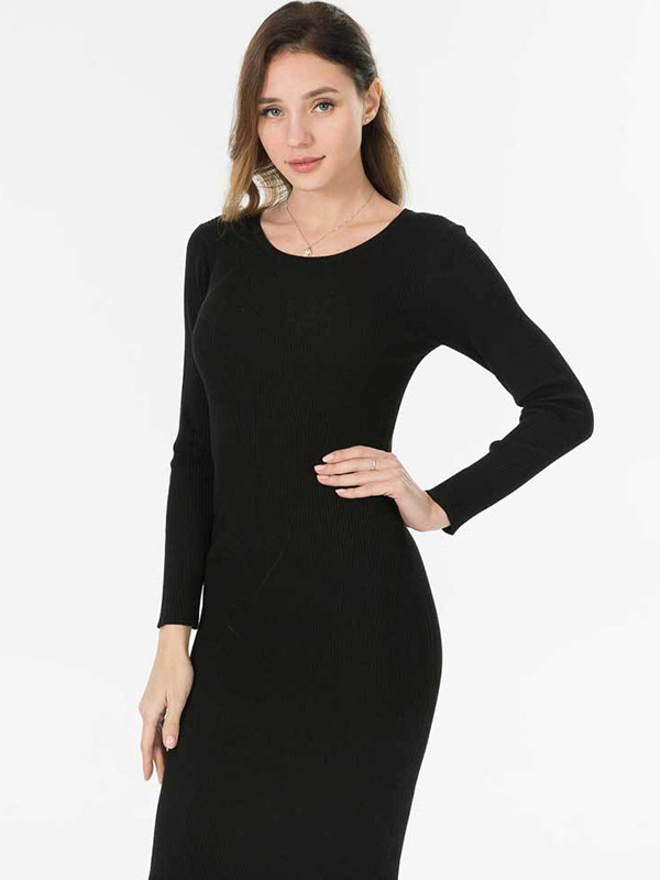 Black Round Neck Bodycon Knitted Dress