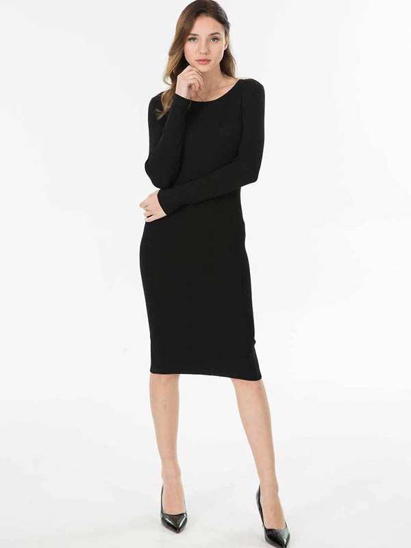 Black Round Neck Bodycon Knitted Dress