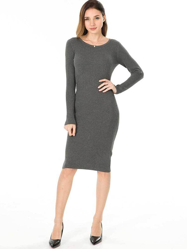 Grey Round Neck Bodycon Knitted Dress