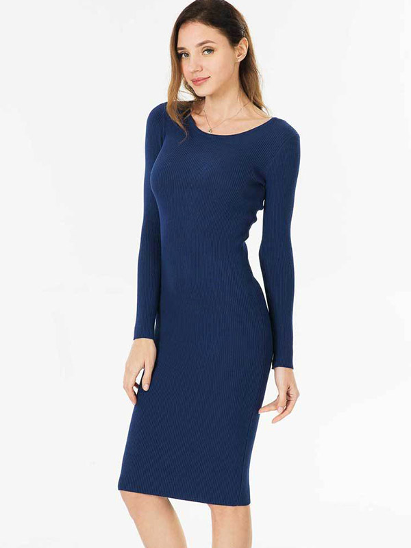 Navy Blue Round Neck Bodycon Knitted Dress