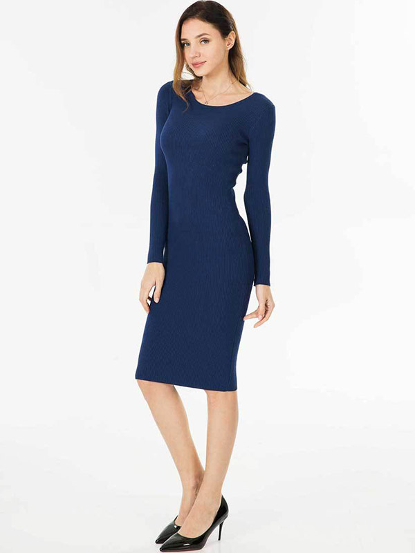 Navy Blue Round Neck Bodycon Knitted Dress