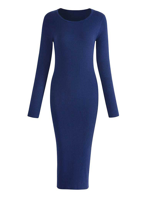 Navy Blue Round Neck Bodycon Knitted Dress