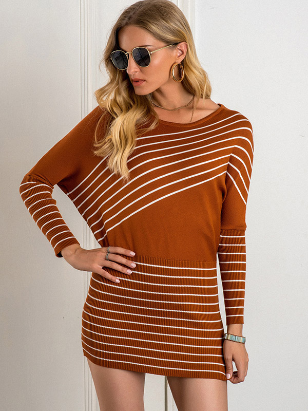 Brick Red Striped Knitted Mini Dress