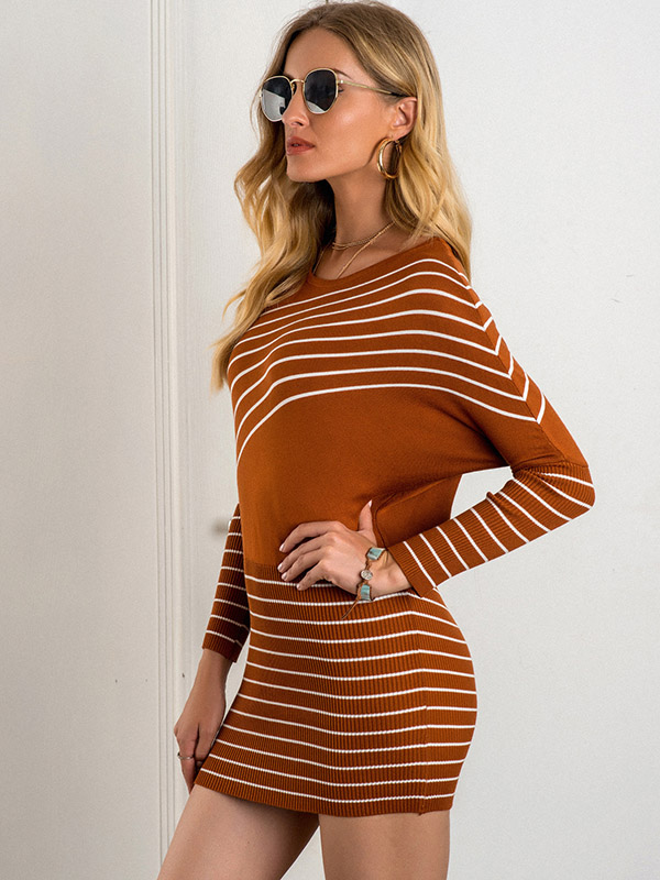 Brick Red Striped Knitted Mini Dress