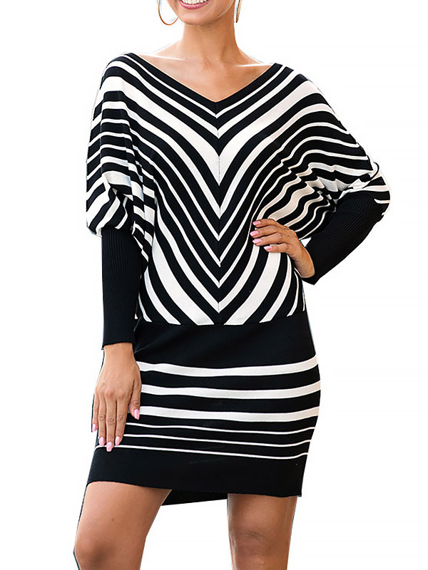 White V Stripe Loose Knitted Dresses With Cape Sleeves