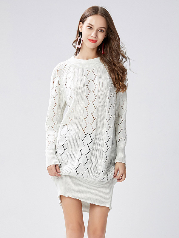 White Round Neck Hollow-carved Details Knit Dresses