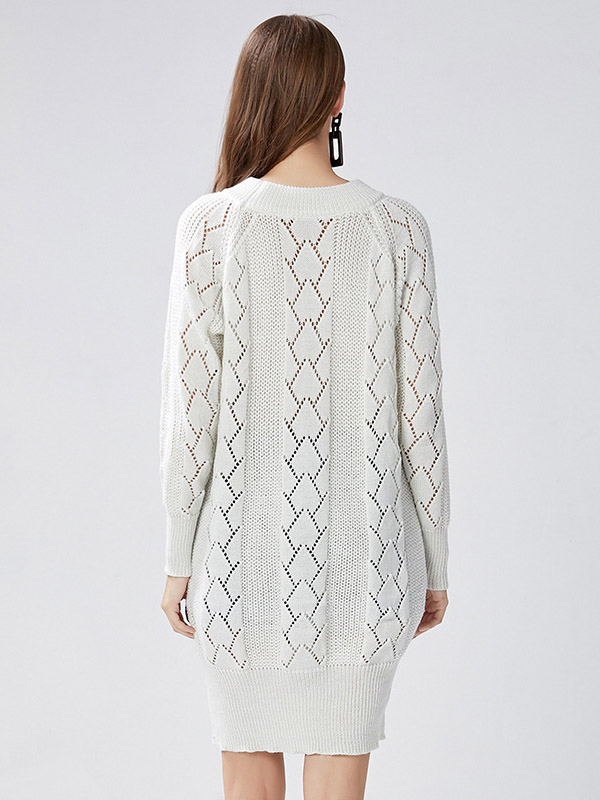 White Round Neck Hollow-carved Details Knit Dresses