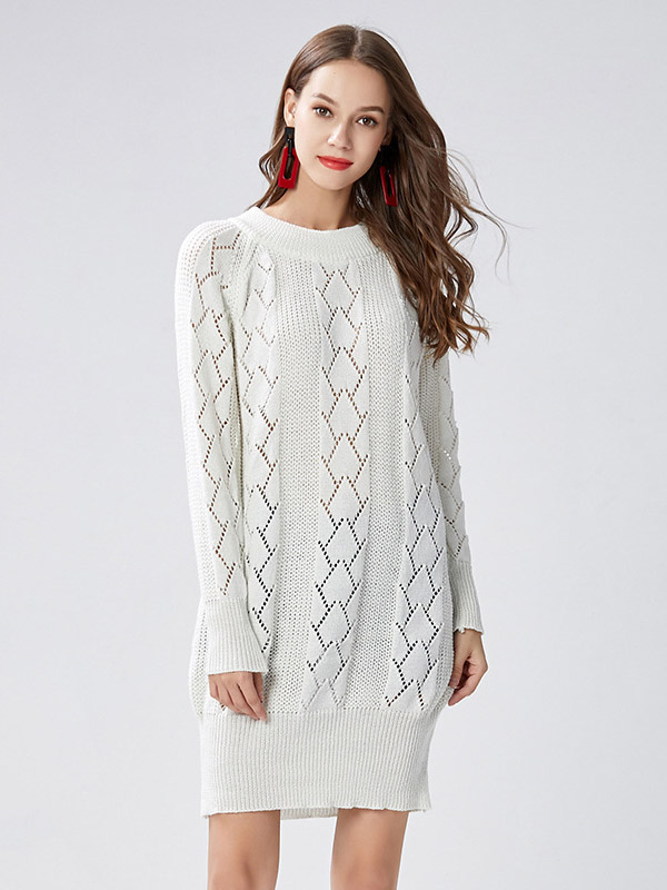 White Round Neck Hollow-carved Details Knit Dresses