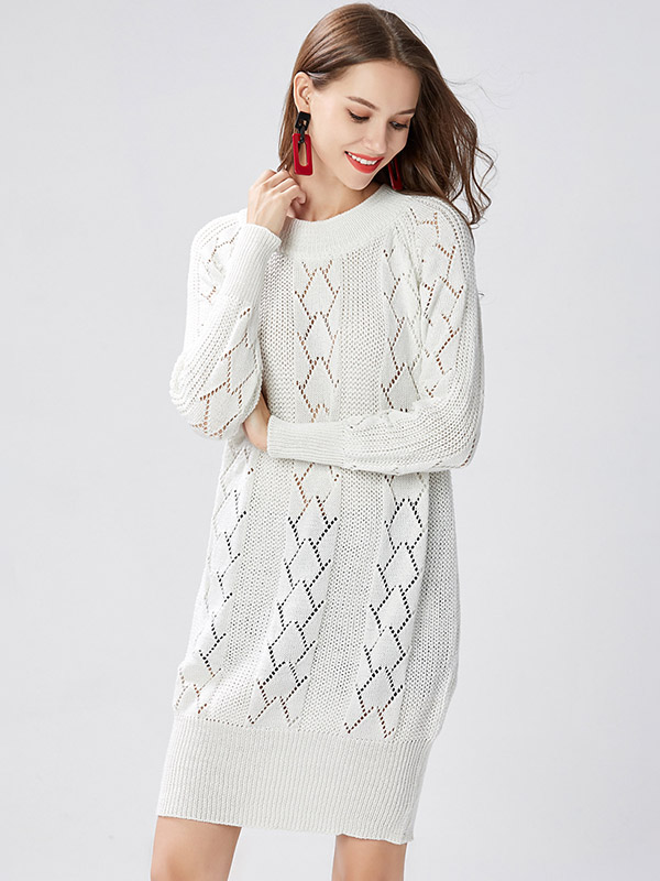 White Round Neck Hollow-carved Details Knit Dresses