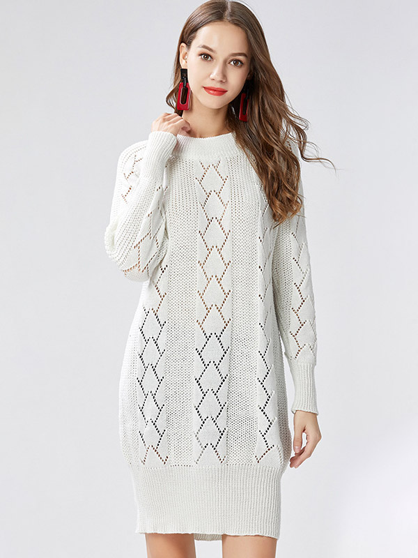 White Round Neck Hollow-carved Details Knit Dresses