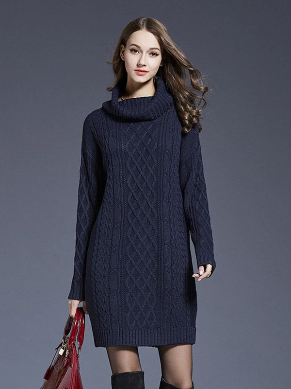 Navy Blue Roll Neck Solid Color Knit Dresses