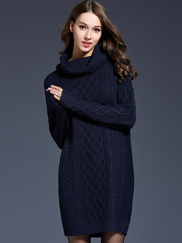 Navy Blue Roll Neck Solid Color Knit Dresses