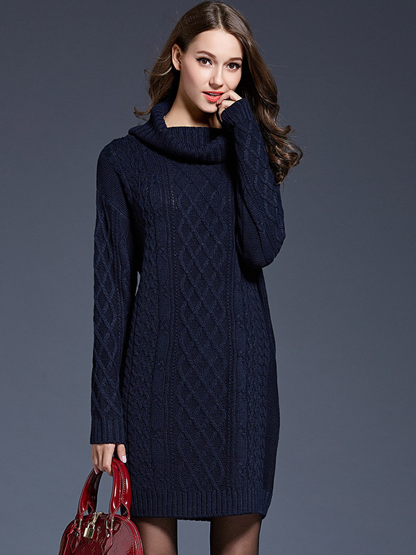 Navy Blue Roll Neck Solid Color Knit Dresses