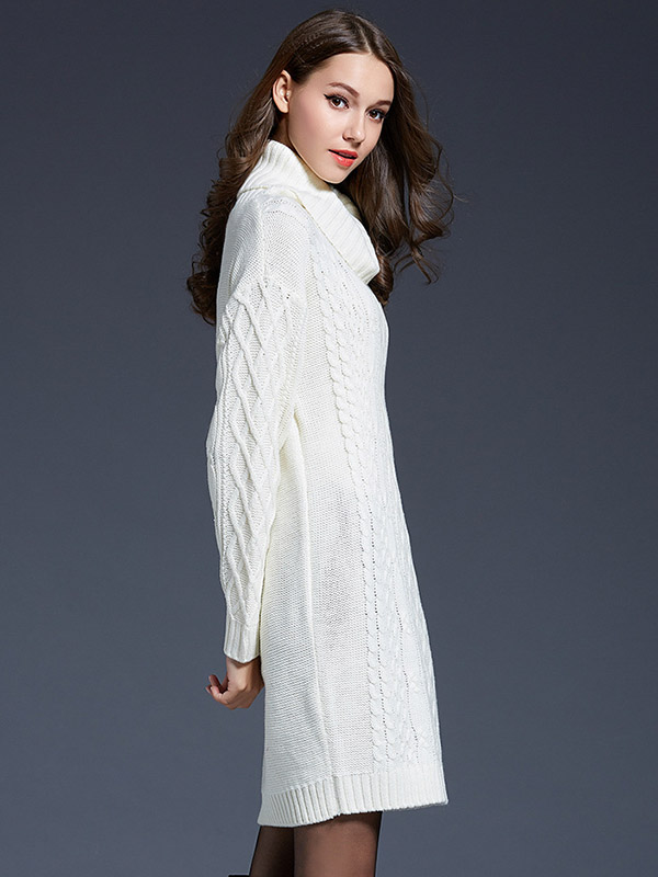 White Roll Neck Solid Color Knit Dresses