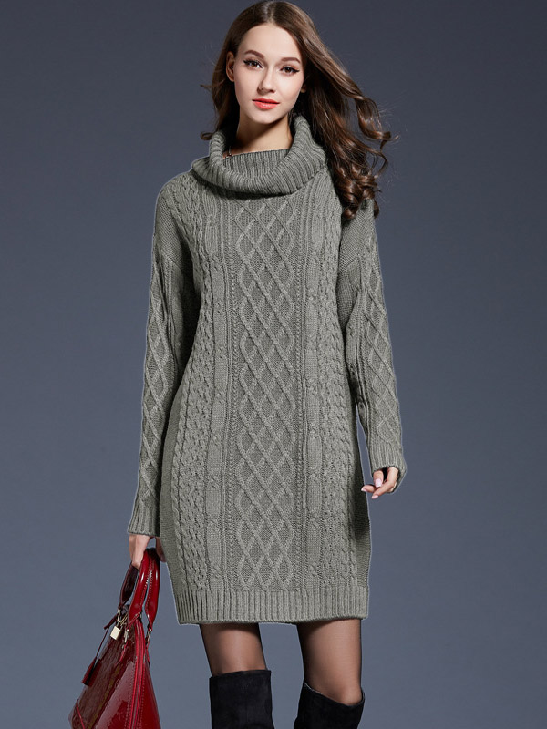 Grey Roll Neck Solid Color Knit Dresses