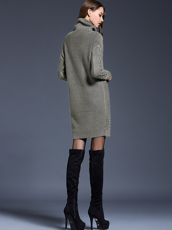 Grey Roll Neck Solid Color Knit Dresses