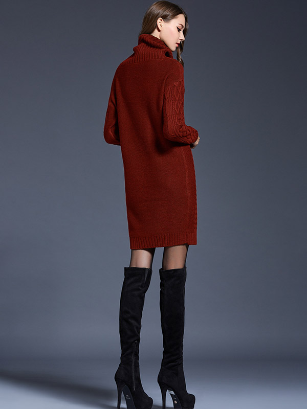 Red Roll Neck Solid Color Knit Dresses