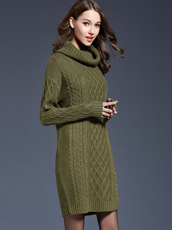 Green Roll Neck Solid Color Knit Dresses