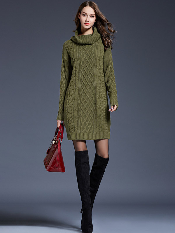 Green Roll Neck Solid Color Knit Dresses