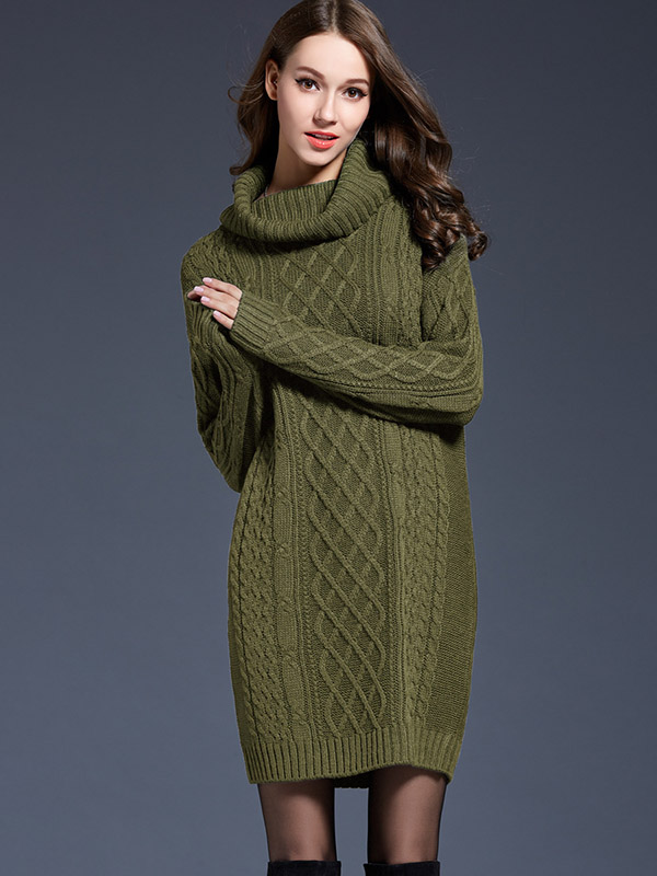 Green Roll Neck Solid Color Knit Dresses