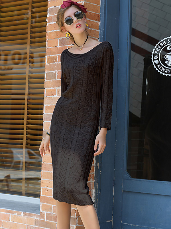 Black V-neck Ribbed Pattern Maxi Knit Dresses