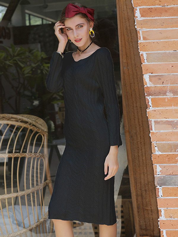 Black V-neck Ribbed Pattern Maxi Knit Dresses