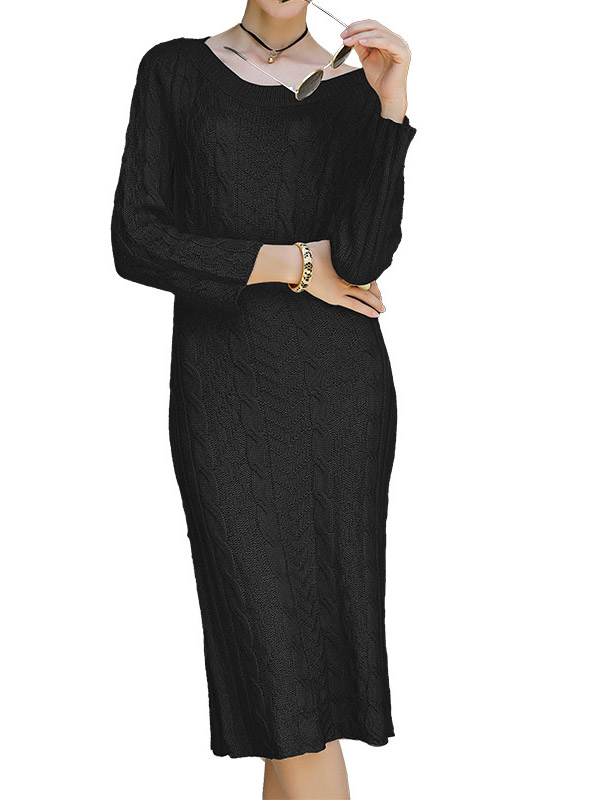 Black V-neck Ribbed Pattern Maxi Knit Dresses