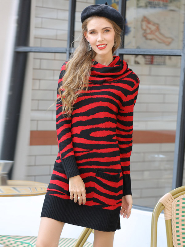 Red Funnel Neck Midi Knit Dresses With Stripes