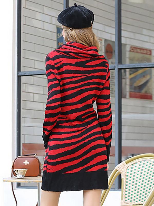 Red Funnel Neck Midi Knit Dresses With Stripes