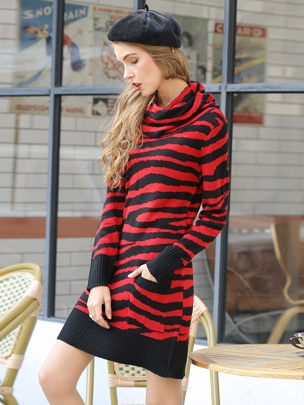 Red Funnel Neck Midi Knit Dresses With Stripes