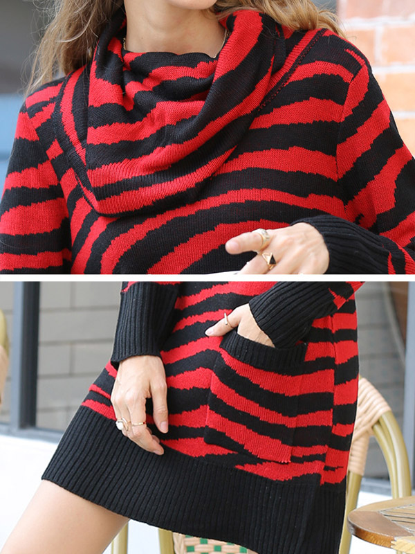 Red Funnel Neck Midi Knit Dresses With Stripes