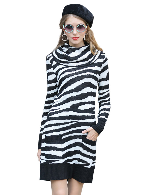 White Funnel Neck Midi Knit Dresses With Stripes