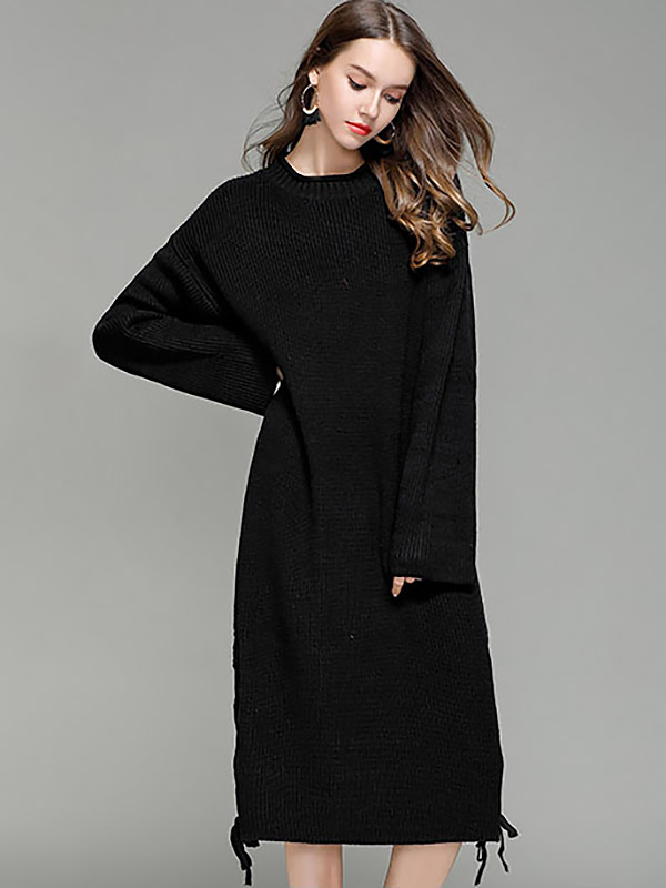 Black Oversized Maxi Knit Dresses With Knot Details