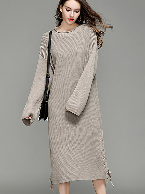 Beige Oversized Maxi Knit Dresses With Knot Details