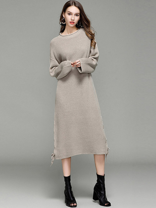 Beige Oversized Maxi Knit Dresses With Knot Details