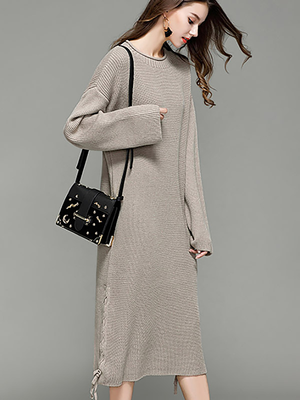 Beige Oversized Maxi Knit Dresses With Knot Details