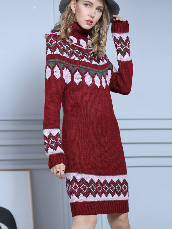 Red Retro Jacquard Elements Knit Dresses