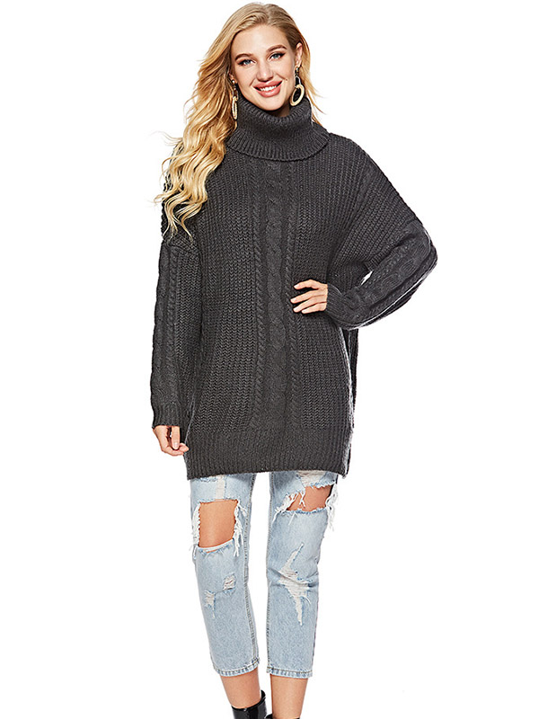 Black Oversized Funnel Neck Knit Dresses