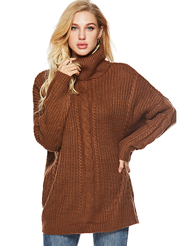 Camel Oversized Funnel Neck Knit Dresses